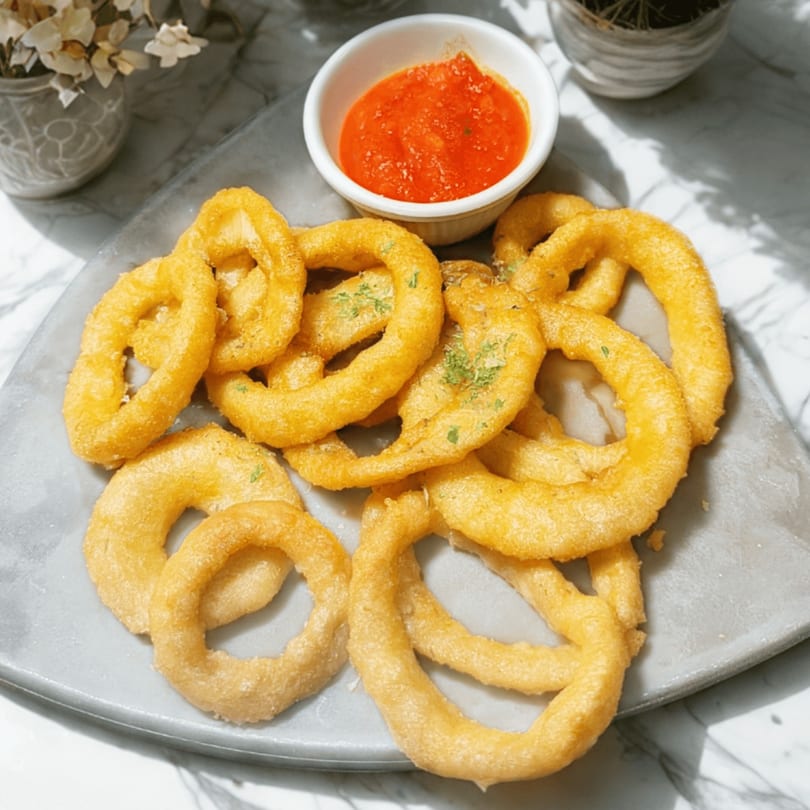 Golden fried onion rings with parsley flakes on a grey plate, served with a side of red dipping sauce.