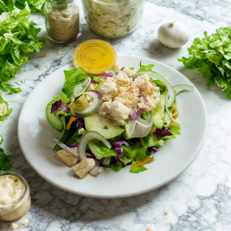 A fresh salad with lettuce, red onion, cucumber, and crumbled cheese, with dressing on the side.
