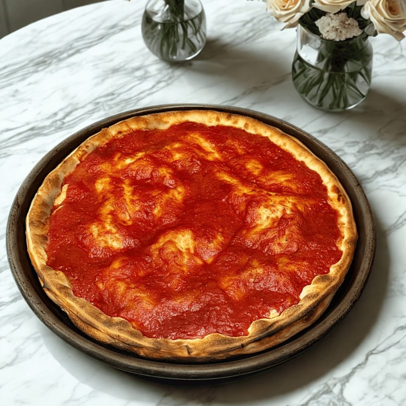 A deep-dish pizza with a thick, golden crust and rich red tomato sauce on a marble table.