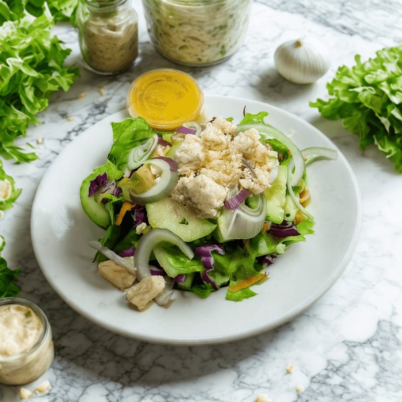 Fresh green salad with red onion, cucumber, and crumbled cheese, with dressing on the side.