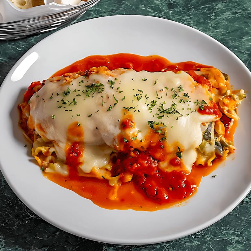 Baked lasagna with melted cheese, red sauce, and parsley on a white plate.