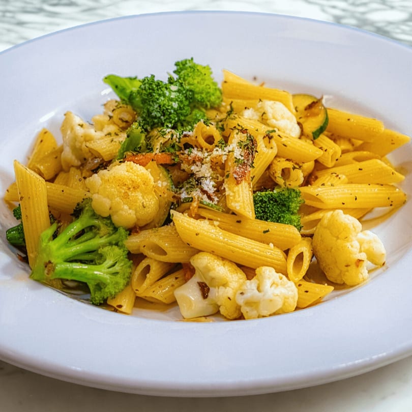 Penne pasta with broccoli, cauliflower, zucchini, and herbs, served on a white plate.